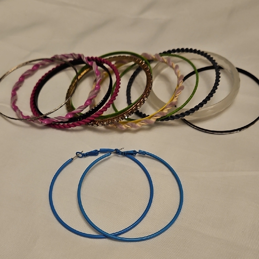 Colorful Bangle and Blue Hoop Earrings Set